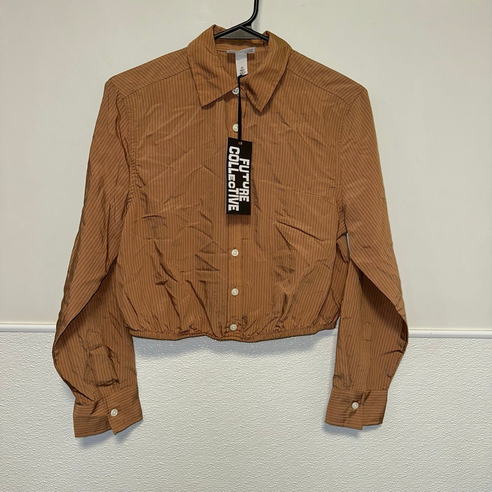 Women's Future Collective Striped Button-Up Shirt Brown/Black Size XS NWT NEW